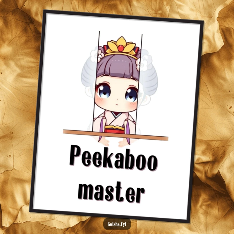 High-resolution digital art of a funny geisha character with wide eyes playfully peeking from behind a screen.