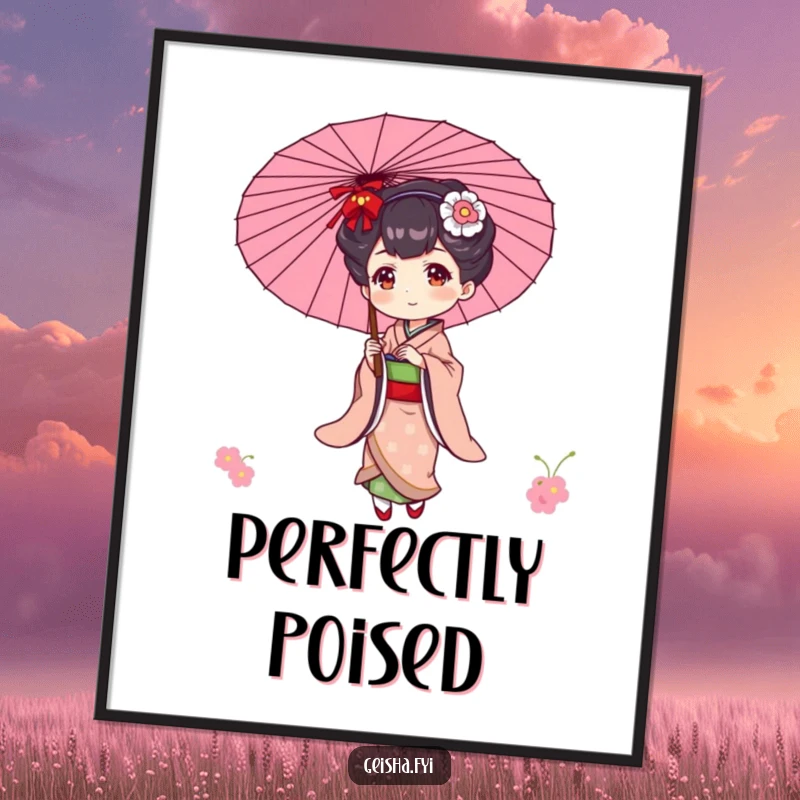 Funny printable art of an elegant geisha character playfully balancing a parasol, evoking refined beauty.