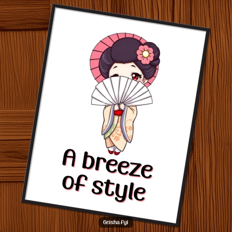 Funny geisha digital art print, elegant artwork of a woman with a huge, comical fan, ideal for instant humorous decor.