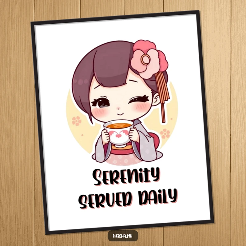 Funny geisha offering a tiny smiling teacup digital art print, charming illustration, humorous and sweet, perfect funny gift.