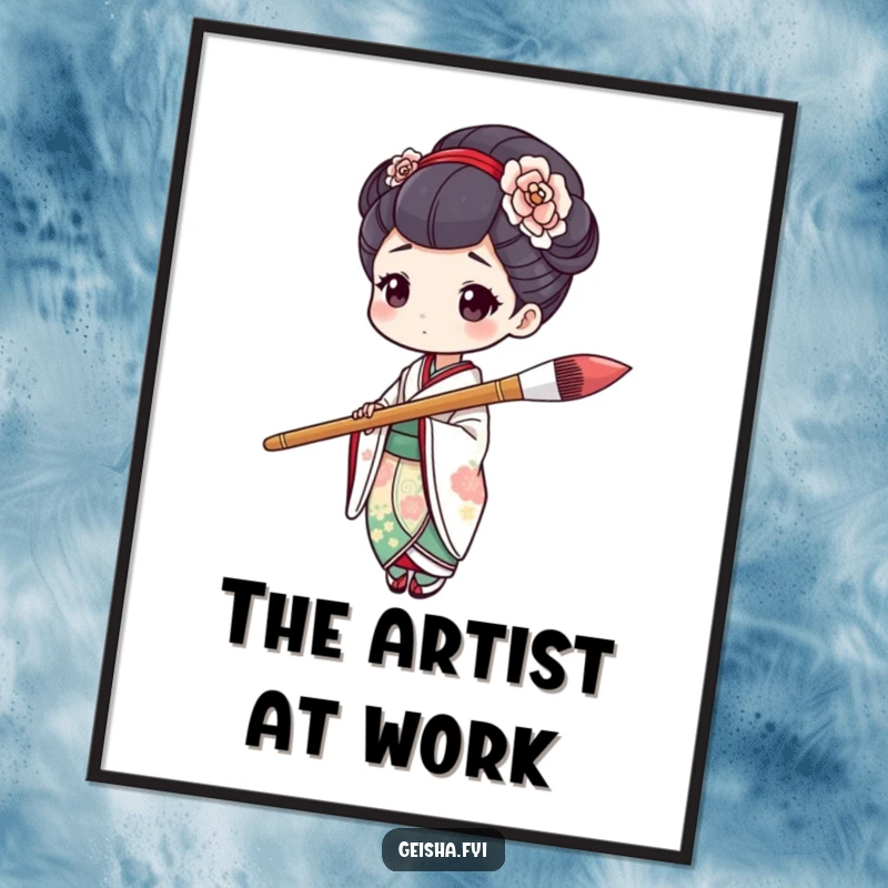 High-resolution digital art of a funny geisha character humorously painting with a large brush mid-stroke.