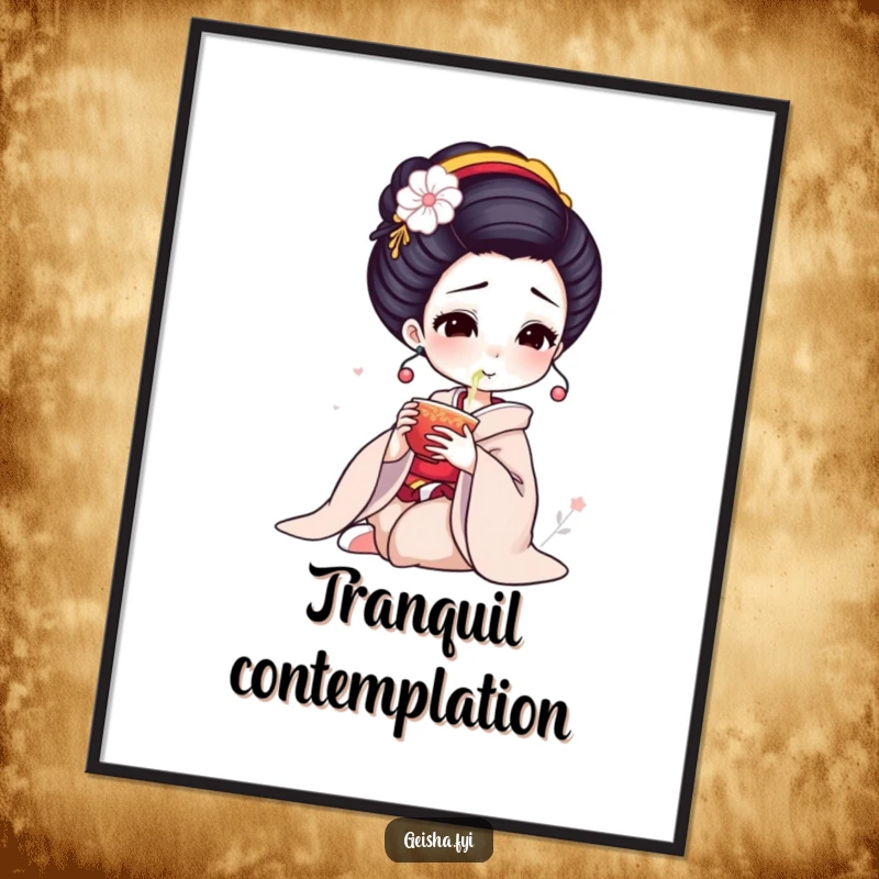 Funny Geisha Digital Print: Elegant character delicately sips tea, downloadable serene humorous art.