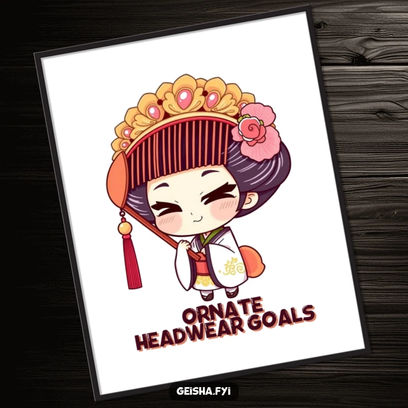 Funny Geisha Digital Art: A mischievous geisha character tries on an oversized comb, rendered for instant download.