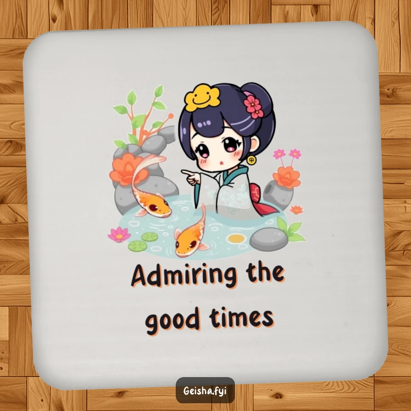 Funny Coaster: A geisha excitedly points at a vibrant koi fish in a pond, adorably protecting surfaces with serene charm.