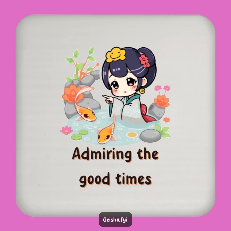 Funny Geisha Points at Koi Drink Coaster: Protect Surfaces with Peaceful Pond Charm Gift