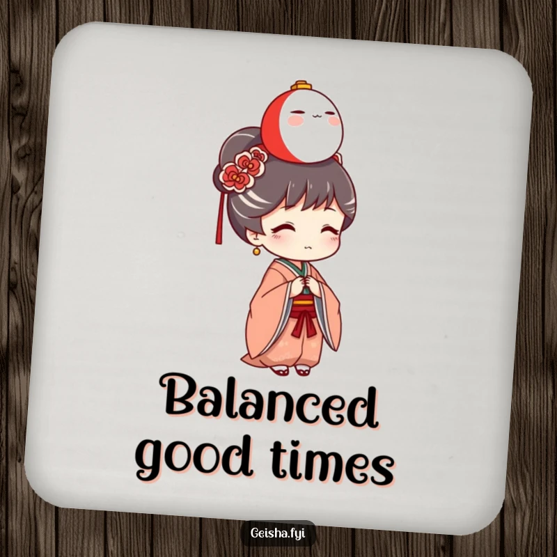 Funny Geisha Coaster: A humorous geisha character balances a tiny Daruma doll on her head, adding playful protection to your drinks.