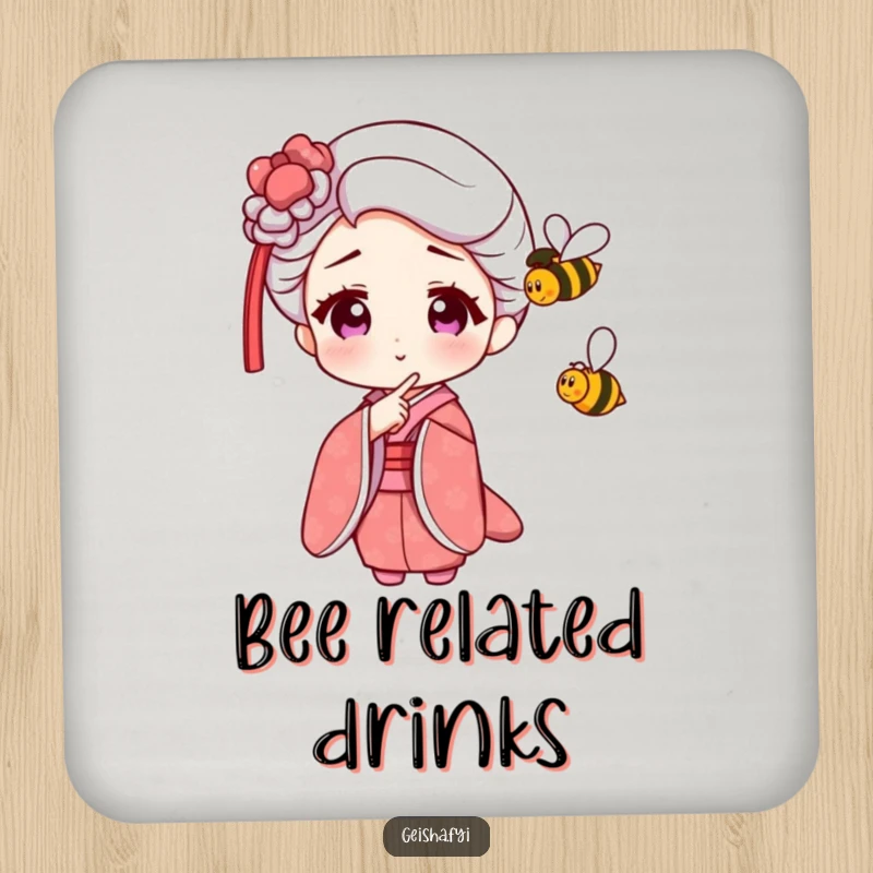 Funny Geisha Coaster depicting an amused character pointing at a small, buzzing bee, protecting surfaces with humor.