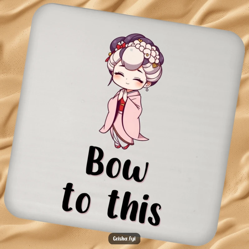 Funny Geisha Coaster showcasing a character in a comical exaggerated bow, designed to protect surfaces with humor.
