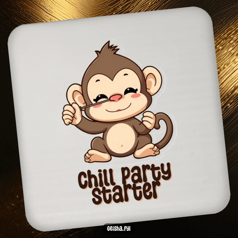 Funny cheeky monkey character coaster balancing a fan on its nose, adds humor and protects table surfaces.