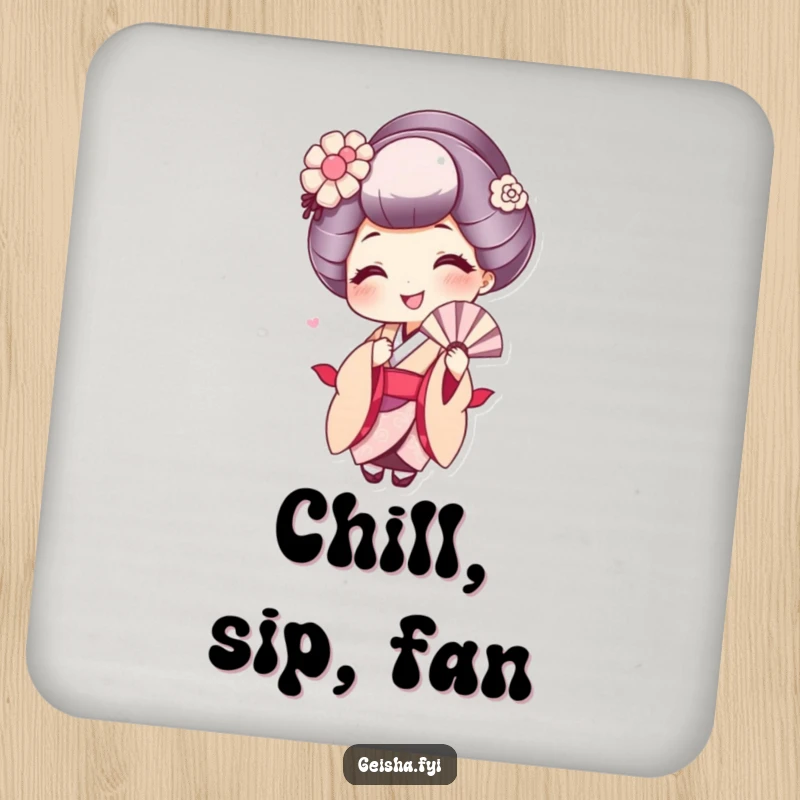 Funny drink coaster showcasing a cute geisha with a wide smile, playfully fanning herself, adding charm.