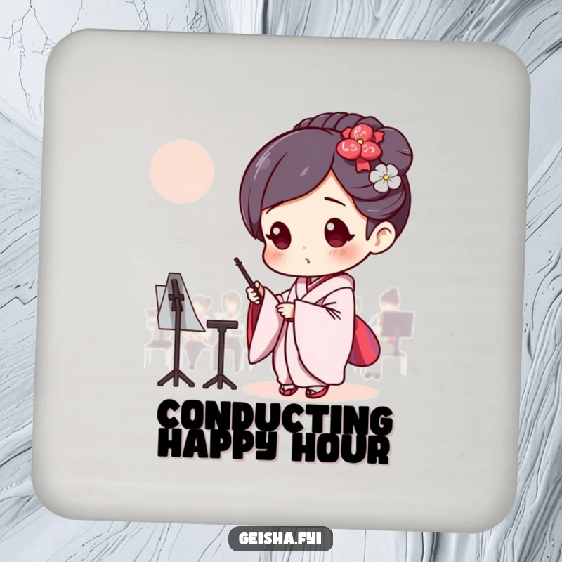 Funny Geisha conducting an invisible orchestra, humorous and functional drink coaster.