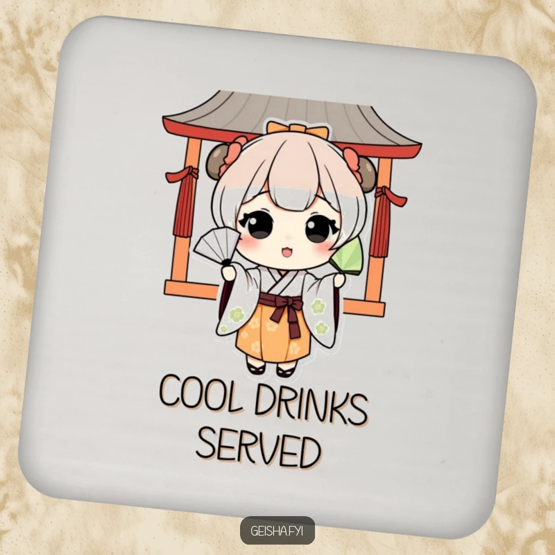Funny kawaii character in Japanese attire playfully tossing a fan on a protective coaster, adding cultural humor to tables.