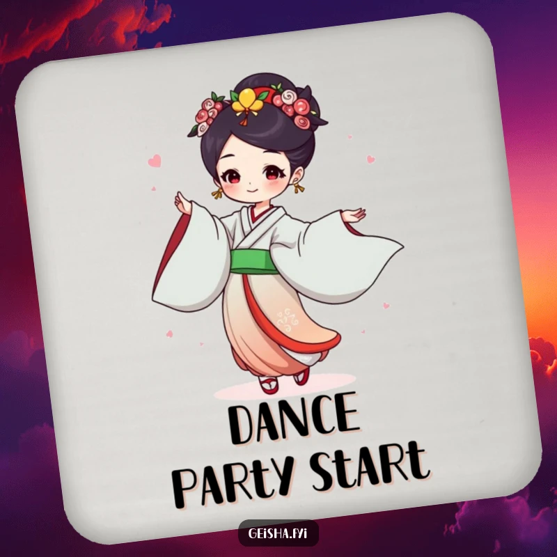 Funny Geisha Coaster: Joyful character dances with flowing sleeves, a small but humorous protective accessory.
