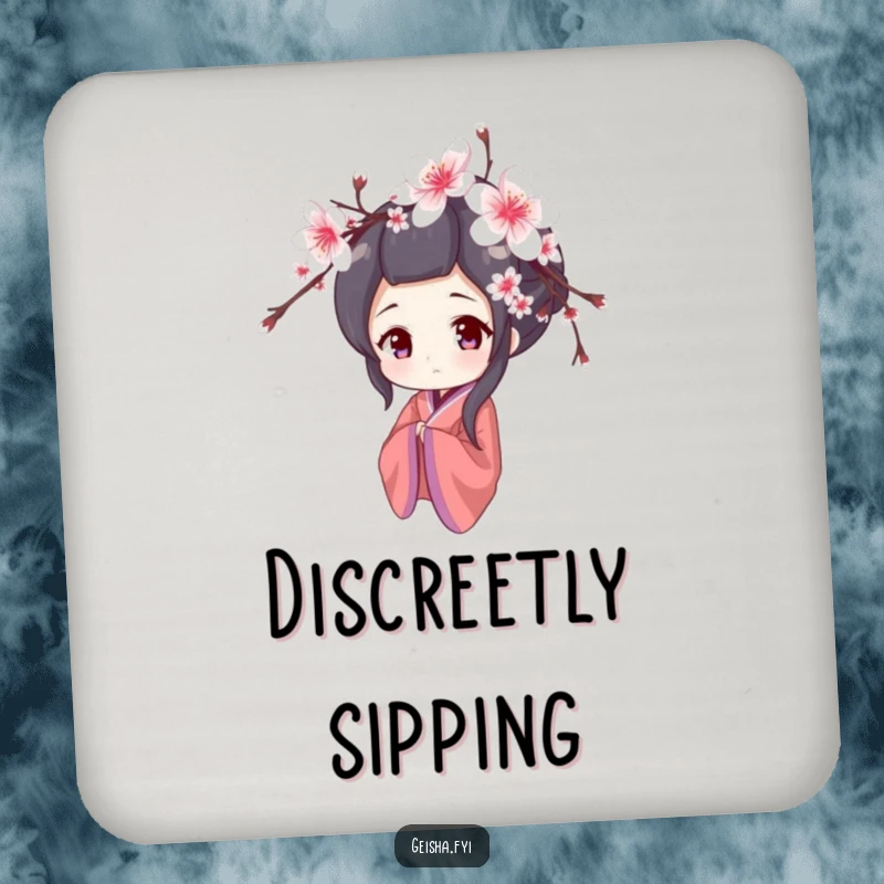 Funny coaster with a shy geisha character peeking from behind cherry blossoms, protecting surfaces with gentle humor, a great bar gift.