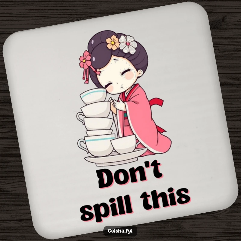 Funny geisha doll drink coaster featuring character hilariously balancing teacups. A humorous and practical home accessory.