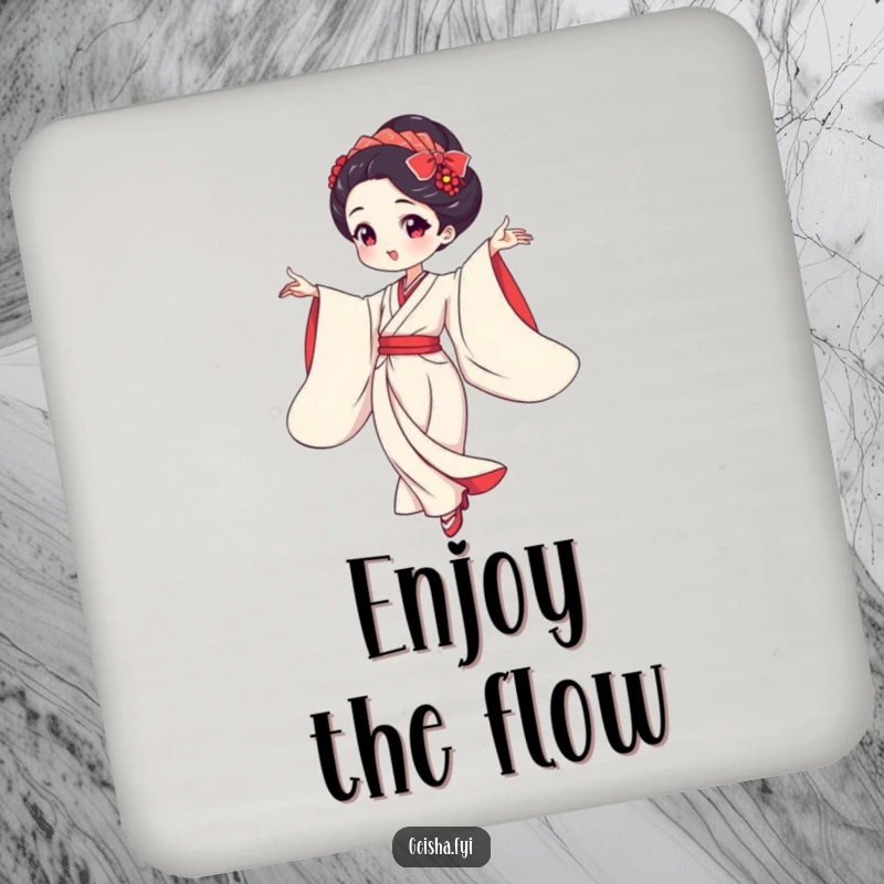 Funny geisha dancing gracefully with flowing sleeves drink coaster, elegant art, humorous protection, excellent funny gift.