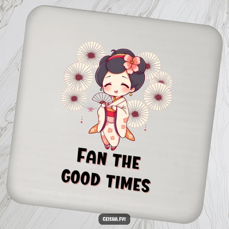 Funny geisha drink coaster featuring a joyful geisha fanning herself with multiple fans, adding cheerful artistic humor.
