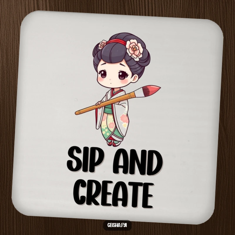 Funny geisha character humorously holding an oversized paintbrush mid-stroke on these artistic and humorous coasters.