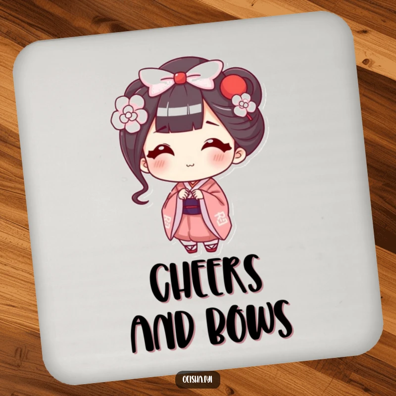 Funny Geisha Coaster: Happy character offers a smiling bow, adding humorous elegance and protection to surfaces.