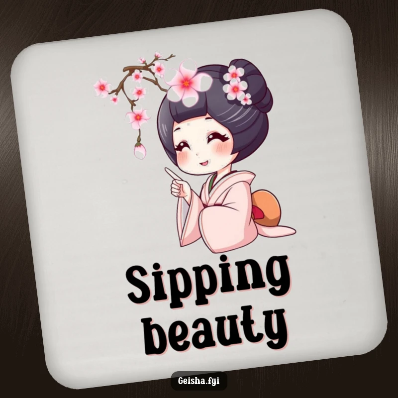 Funny geisha drink coasters, a geisha smiles widely pointing at a falling cherry blossom, adding joy and beauty.