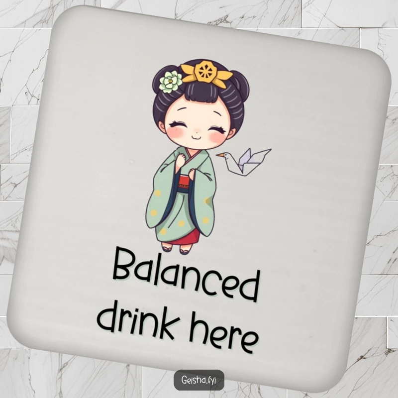 Funny coaster with a playful geisha character balancing a tiny origami crane, protecting surfaces with artistic humor, a great bar gift.