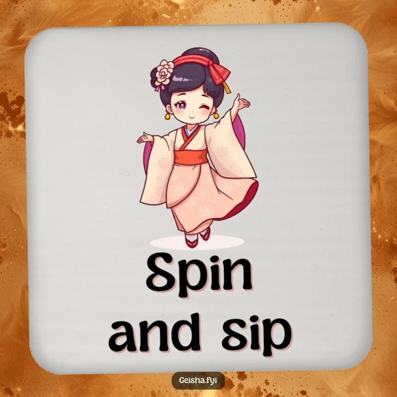 Funny Geisha Coaster: Cheerful character gracefully twirling, adding a humorous and protective flair to drink surfaces.