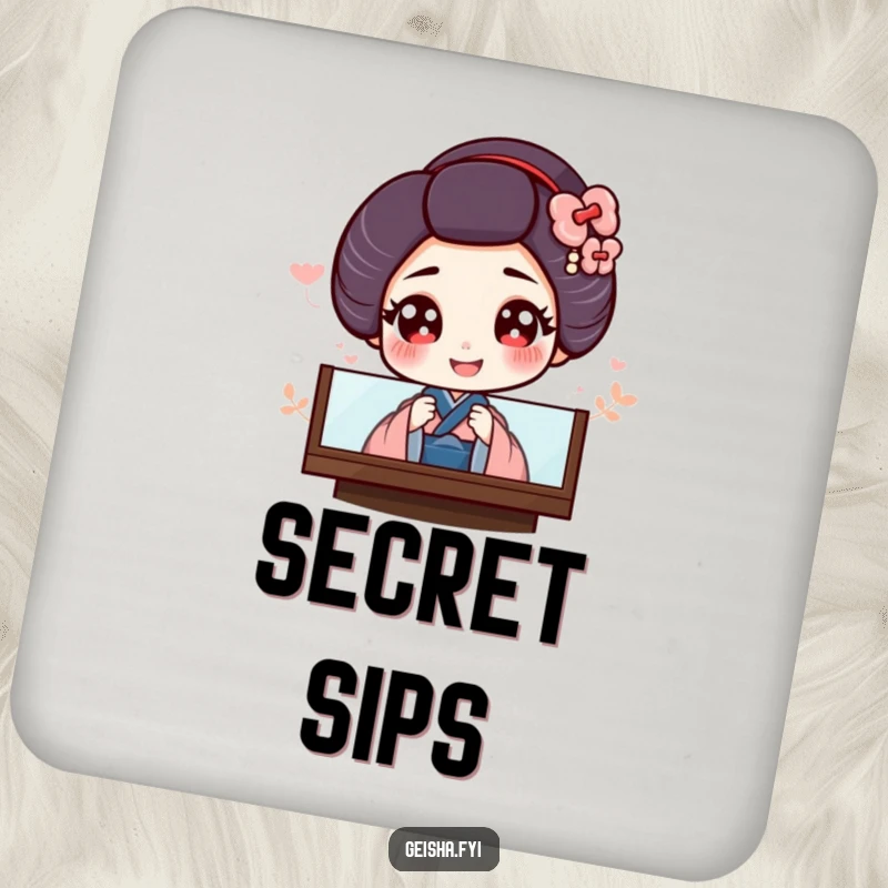 Funny drink coaster featuring a giggling geisha with large eyes peeking from behind a screen, offering surface protection.