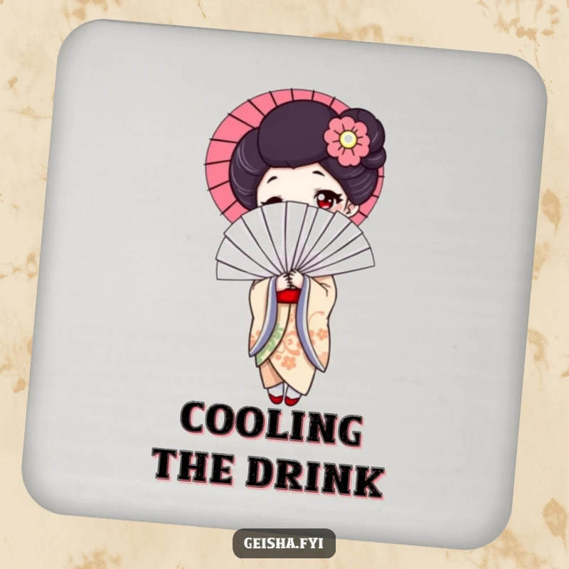 Funny geisha coasters, elegant protection featuring a woman with a giant, amusing fan, perfect for humorous table decor.