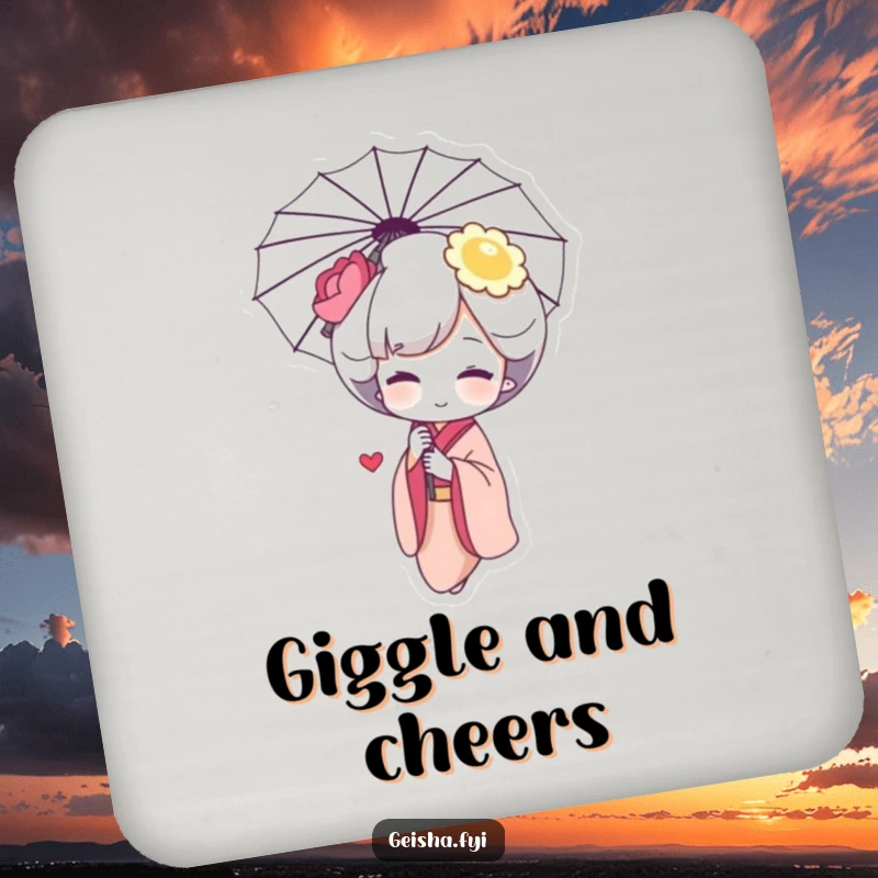 Funny Geisha Giggle Drink Coaster: a shy character giggling behind an umbrella, adding charm and protection.