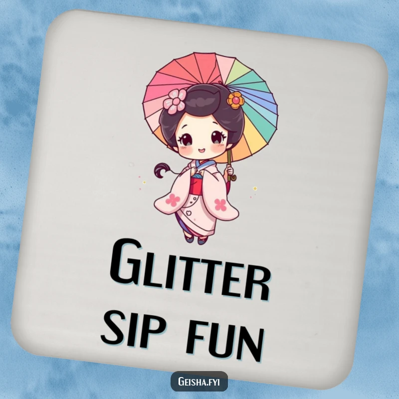 Funny Geisha Coasters: Set of coasters featuring a geisha character spinning a glittery parasol.