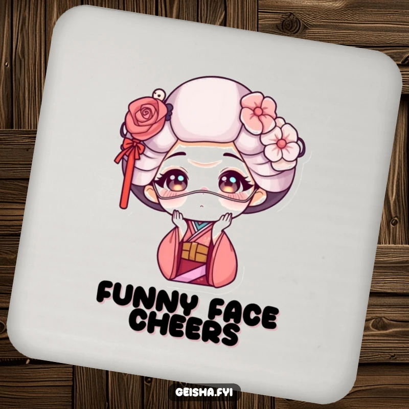 Funny geisha drink coaster featuring a geisha making a funny face with a delicate mask, adding artistic humor.