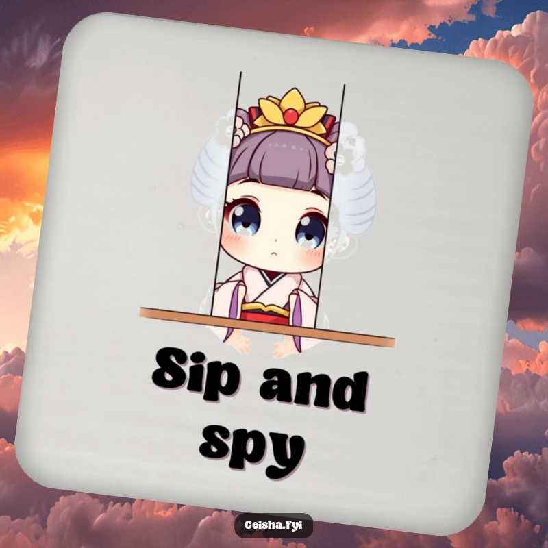 Funny geisha character with wide eyes playfully peeking from behind a screen on these humorous coasters.