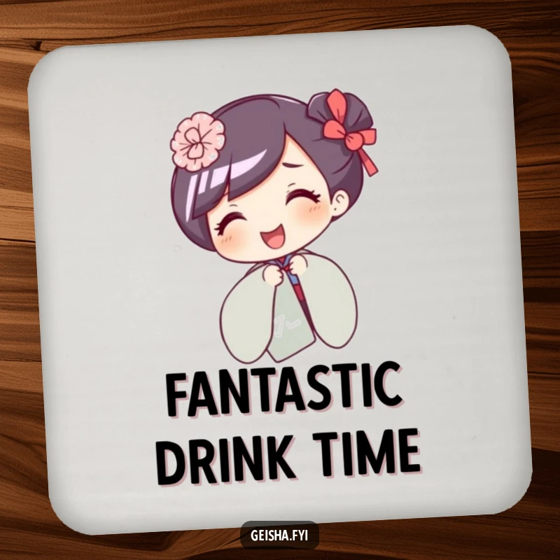Funny drink coaster with a giggling geisha character playfully hiding behind a fan, adding whimsical charm.