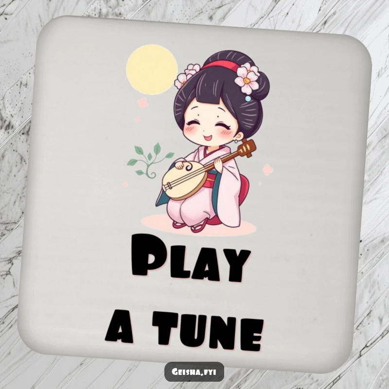 Funny geisha drink coaster with a giggling character playing a tiny shamisen, protecting tables with musical comedy.