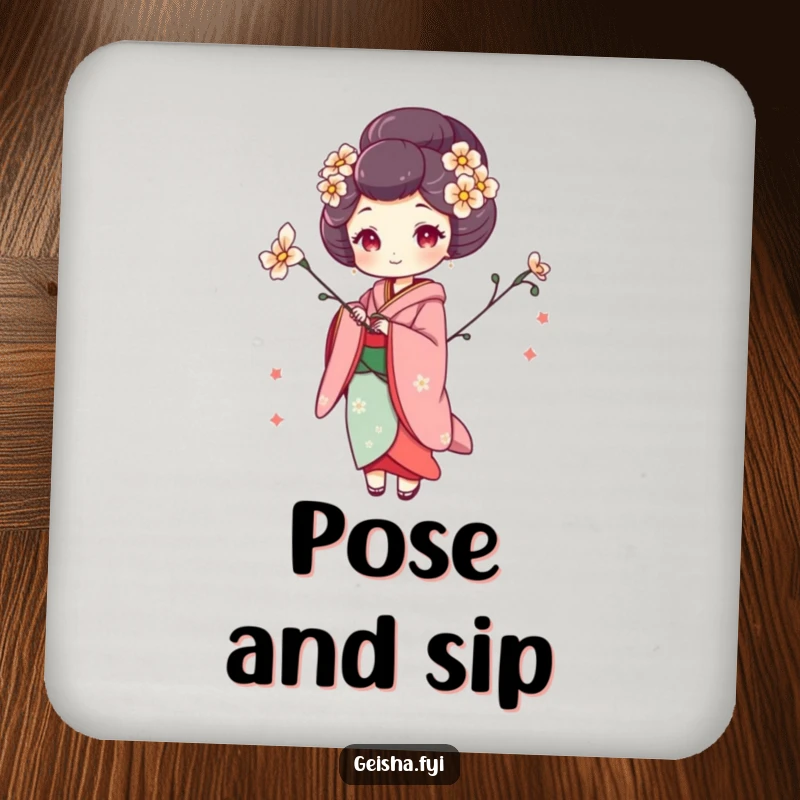 Funny geisha drink coaster with a woman in a whimsical pose holding a flower, protecting surfaces with artistic and playful design.