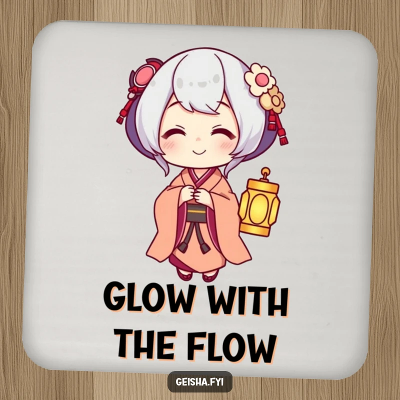 Funny Geisha offering a small glowing lantern with a warm smile, humorous coaster.
