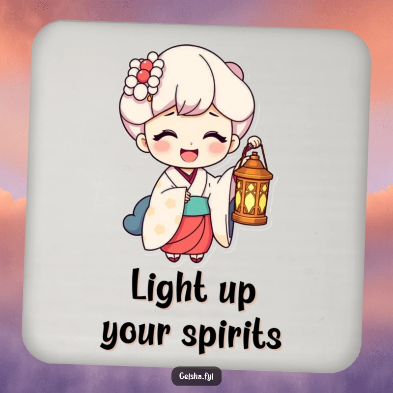 Funny Coaster: A geisha holds a lantern, illuminating a laughing face, adorably protecting surfaces with warm humor.