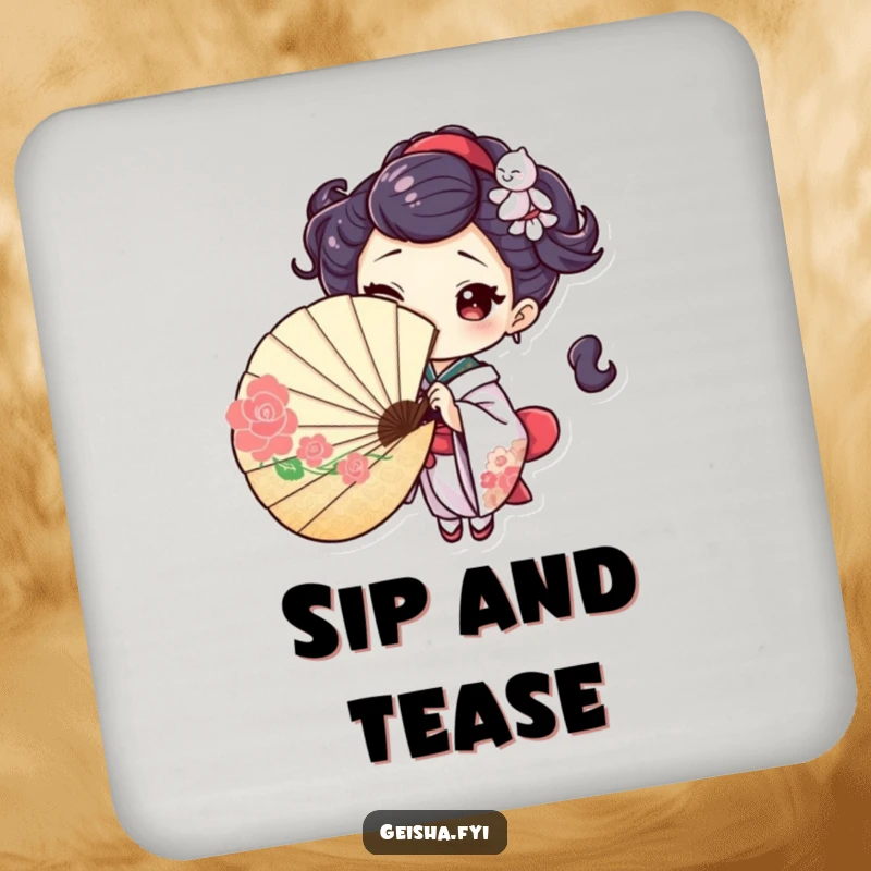 Playful drink coaster featuring a geisha character peeking from behind a fan, giving a coy wink, adding a touch of mysterious charm.
