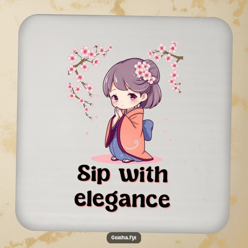 Elegant drink coaster featuring a geisha character bowing gracefully, surrounded by falling cherry blossoms, adding a touch of serene beauty.