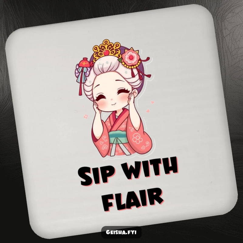 Funny geisha adjusting ornate hair accessory with a smile drink coaster, elegant art, practical humor, excellent funny gift.