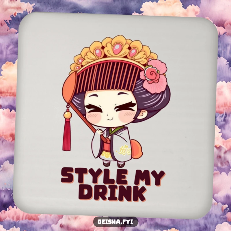 Funny Geisha Coasters: Set of coasters featuring a geisha character trying on an oversized, ornate comb.