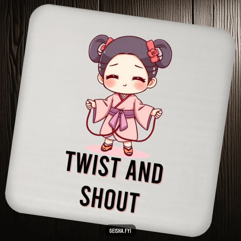 Funny geisha obi drink coaster featuring a mischievous obi character as a jump rope. Playful, practical, and decorative.