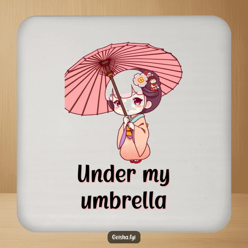 Funny Geisha peeking from behind an umbrella, humorous and functional drink coaster.