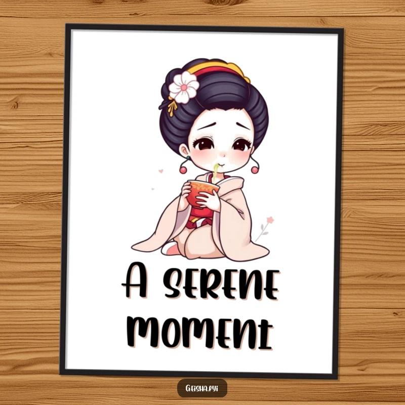 Funny Geisha Poster: Elegant character delicately sips tea, serene and humorous wall art.