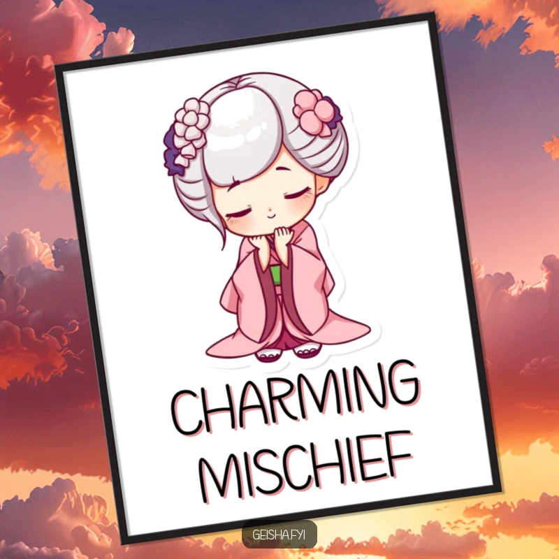 Funny geisha poster, art featuring a character bowing deeply with a charming, mischievous grin, ideal for humorous wall decor and gifts.