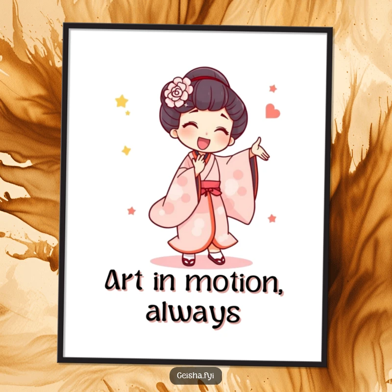 Funny Poster: A geisha character is depicted mid-silly-dance with dynamic, joyful, and exaggerated movements, creating a lively art piece.