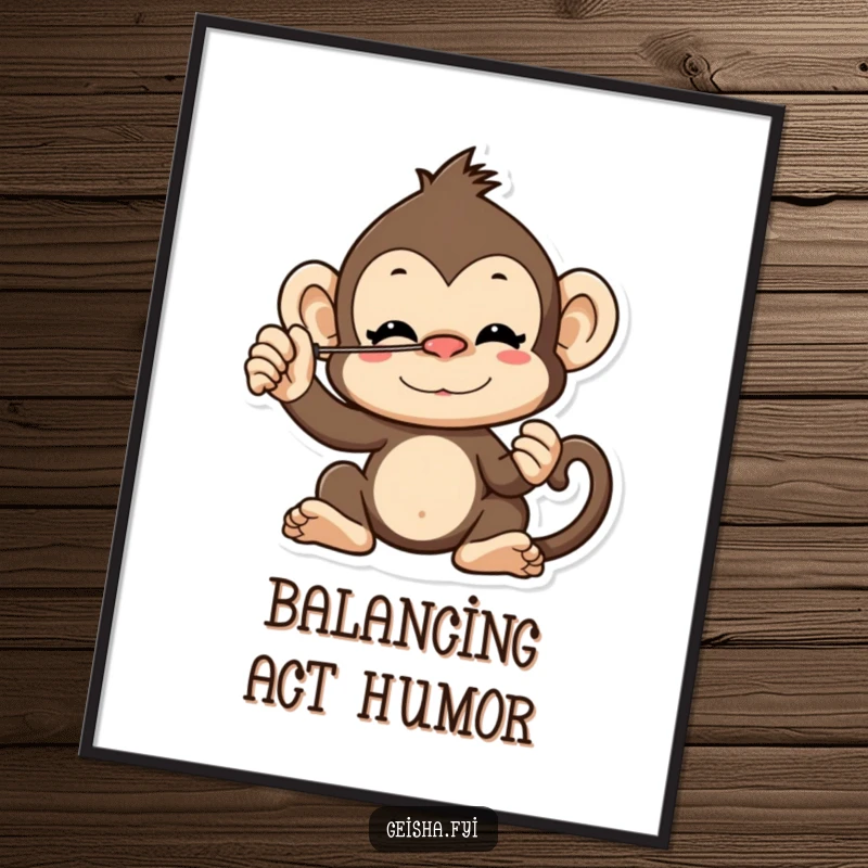 Funny cheeky monkey character poster balancing a fan on its nose, conveying mischief and playful skill, ideal for decor.