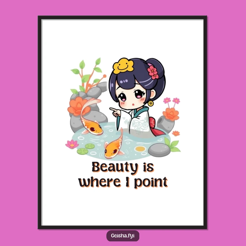 Funny Geisha Points at Koi Poster: Peaceful Pond Art for a Tranquil Space Gift
