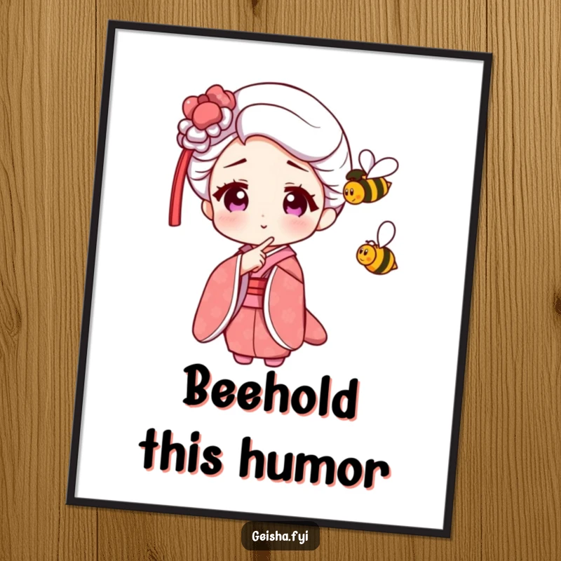Funny Geisha Poster illustrating an amused character pointing at a tiny, buzzing bee, ideal for wall decor.