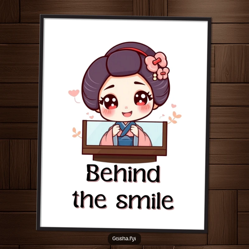 Funny poster art of a giggling geisha with big eyes peeking from behind a decorative screen, conveying shy amusement.